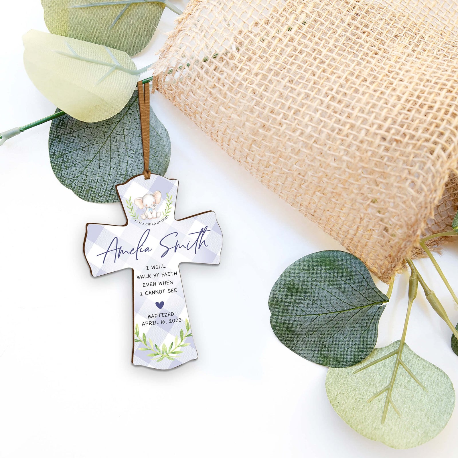 Personalized Baptism Wooden Mini Cross - I Will Walk By Faith - LifeSong Milestones