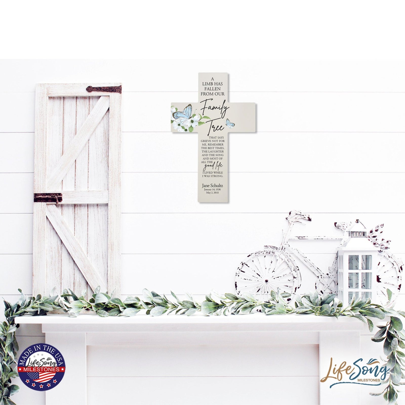 Personalized Butterfly Memorial Bereavement Wall Cross For Loss of Loved One A Limb Has Fallen (Butterfly) Quote 14 x 9.25 A Limb Has Fallen From Our Family Tree That Says Grieve Not For Me - LifeSong Milestones