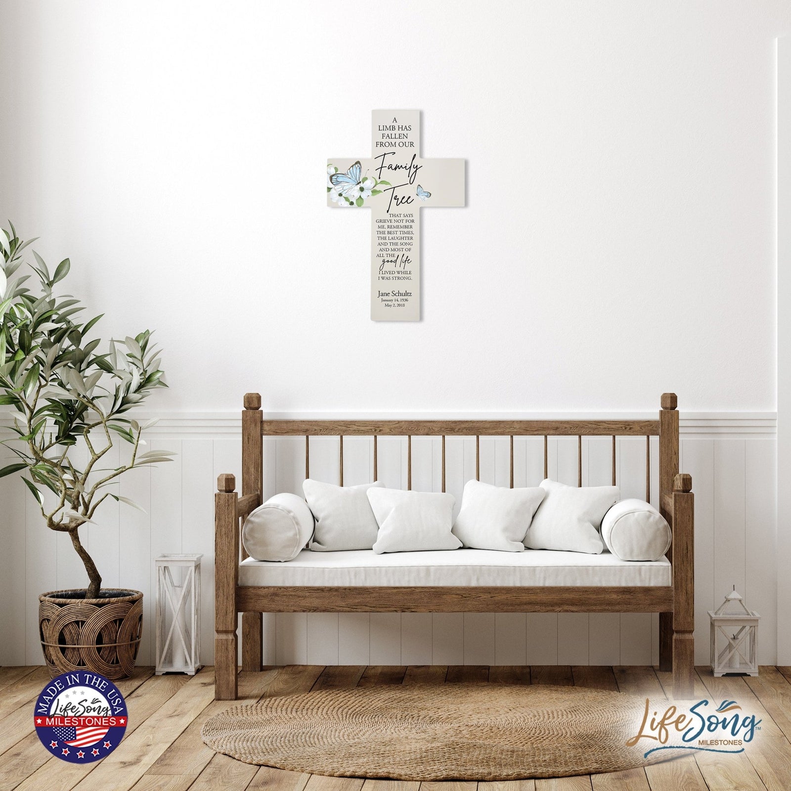 Personalized Butterfly Memorial Bereavement Wall Cross For Loss of Loved One A Limb Has Fallen (Butterfly) Quote 14 x 9.25 A Limb Has Fallen From Our Family Tree That Says Grieve Not For Me - LifeSong Milestones