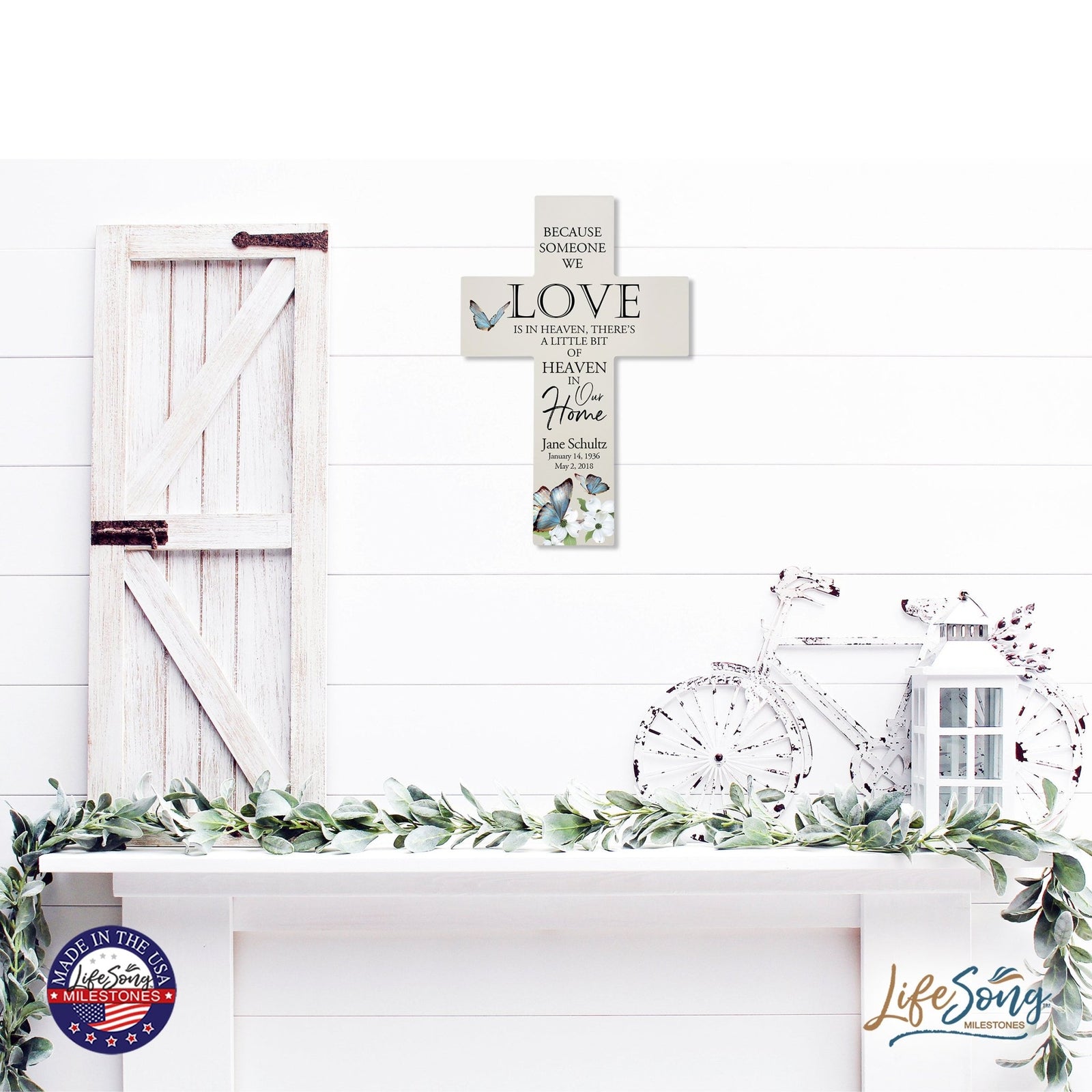Personalized Butterfly Memorial Bereavement Wall Cross For Loss of Loved One Because Someone We Love (Butterfly) Quote 14 x 9.25 Because Someone We Love Is In Heaven, There's A Little Bit Of Heaven In Our Home - LifeSong Milestones