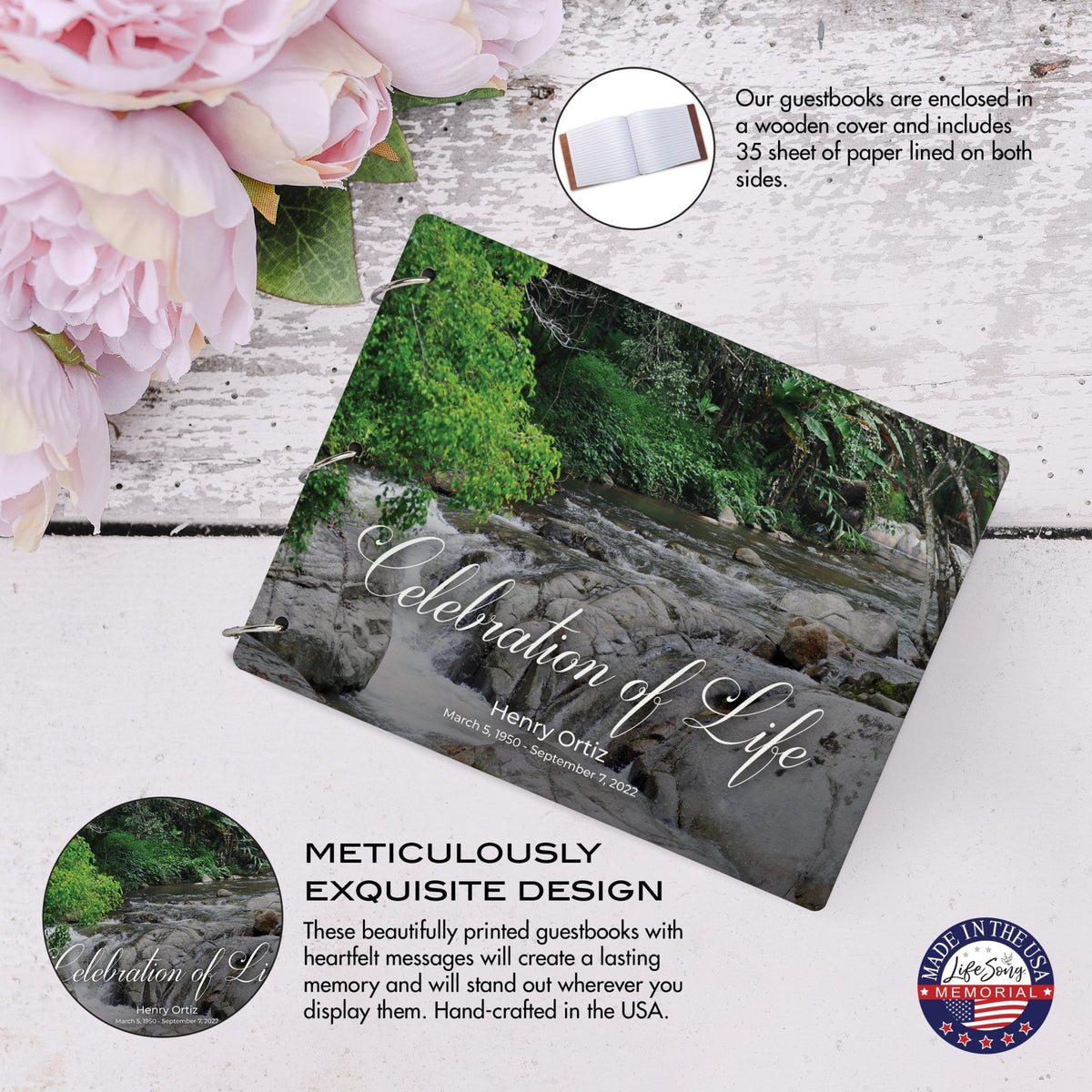 Personalized Celebration Of Life Funeral Guest Books For Memorial Services Registry With Wooden Cover - A Celebration Of Life - LifeSong Milestones