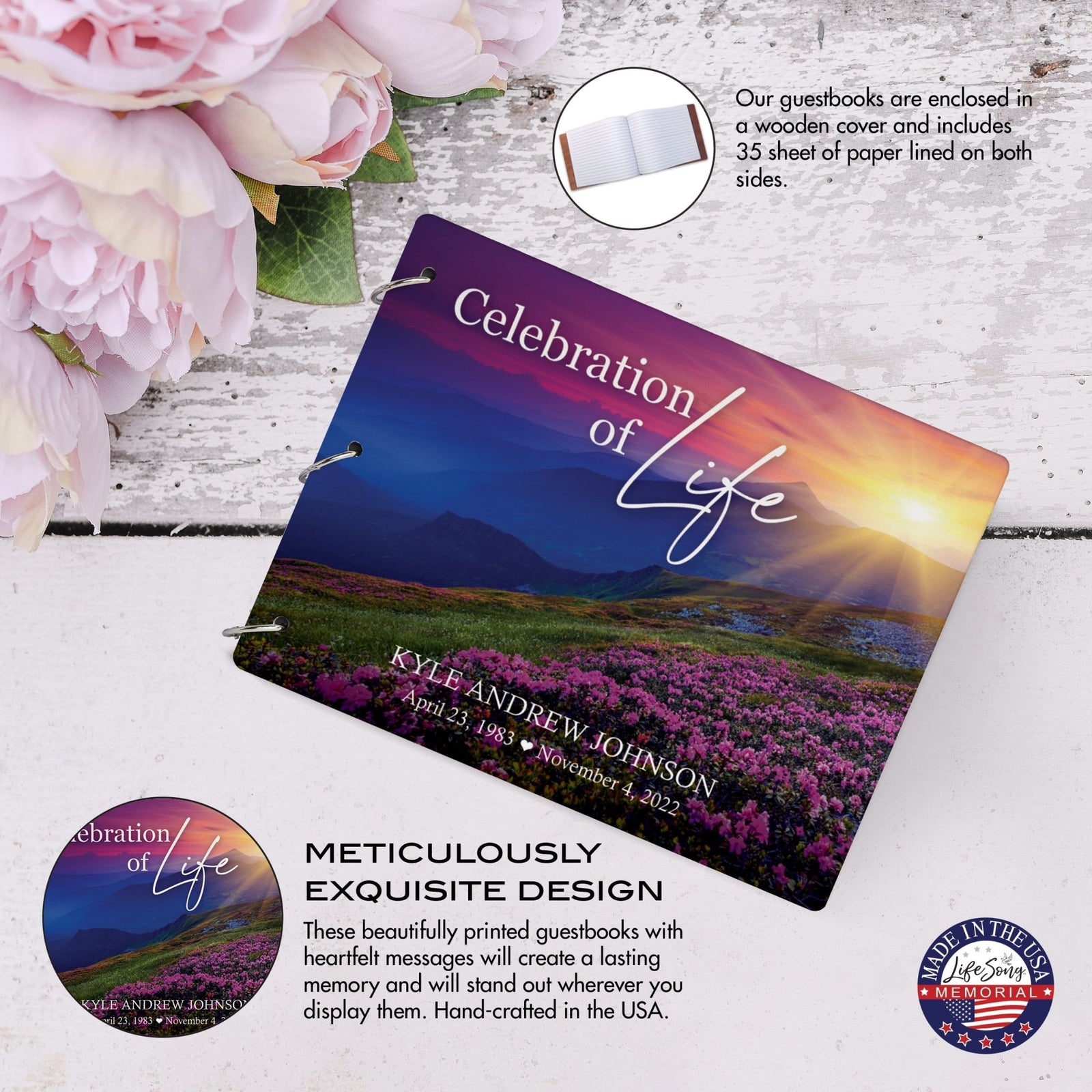 Personalized Celebration Of Life Funeral Guest Books For Memorial Services Registry With Wooden Cover - A Celebration Of Life - LifeSong Milestones