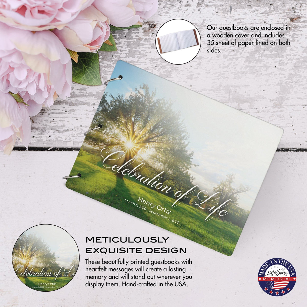 Personalized Celebration Of Life Funeral Guest Books For Memorial Services Registry With Wooden Cover - A Celebration Of Life - LifeSong Milestones
