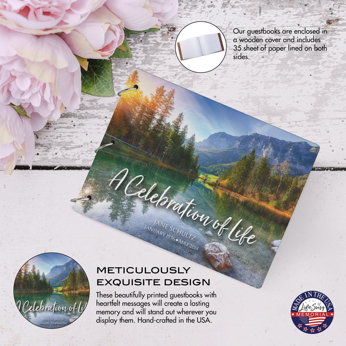 Personalized Celebration Of Life Funeral Guest Books For Memorial Services Registry With Wooden Cover - A Celebration Of Life - LifeSong Milestones