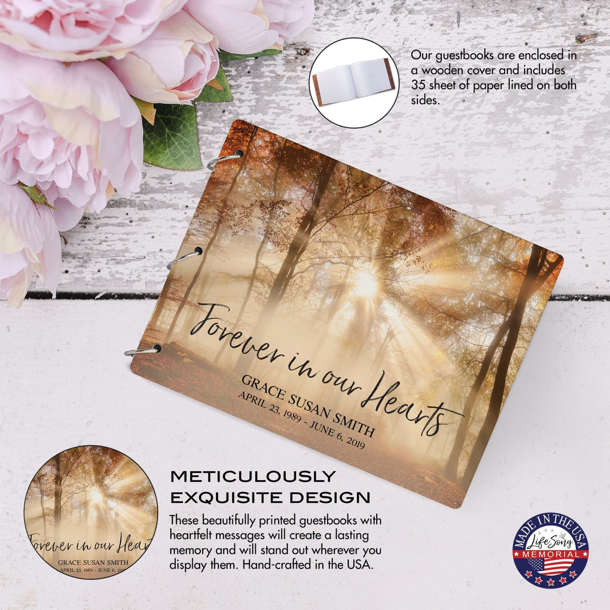 Personalized Celebration Of Life Funeral Guest Books For Memorial Services Registry With Wooden Cover - Forever In Our Hearts - LifeSong Milestones