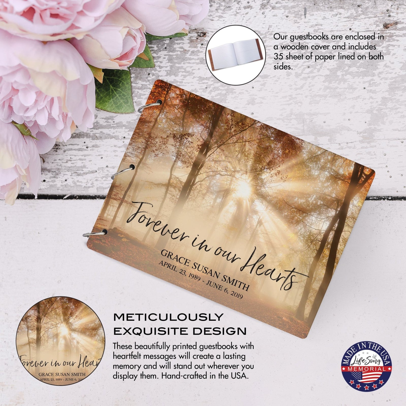 Personalized Celebration Of Life Funeral Guest Books For Memorial Services Registry With Wooden Cover - Forever In Our Hearts - LifeSong Milestones