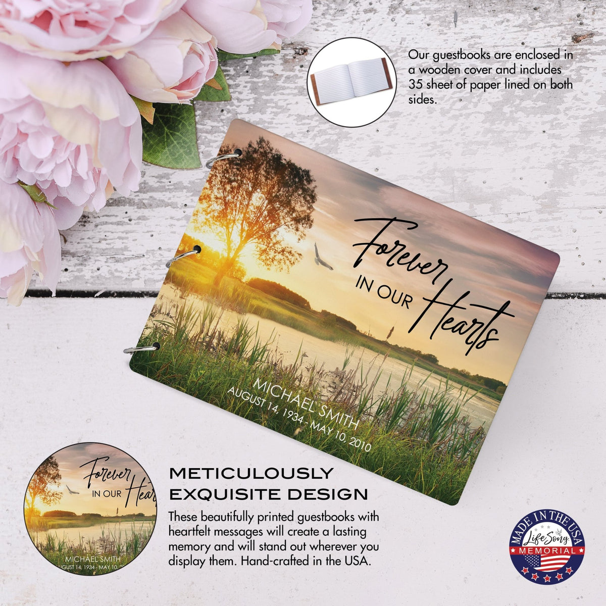 Personalized Celebration Of Life Funeral Guest Books For Memorial Services Registry With Wooden Cover - Forever In Our Hearts - LifeSong Milestones