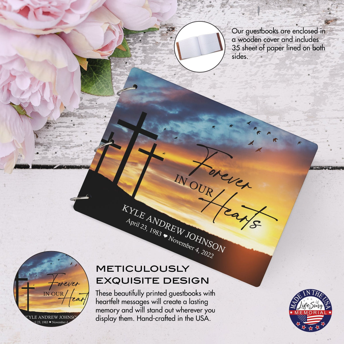 Personalized Celebration Of Life Funeral Guest Books For Memorial Services Registry With Wooden Cover - Forever In Our Hearts - LifeSong Milestones