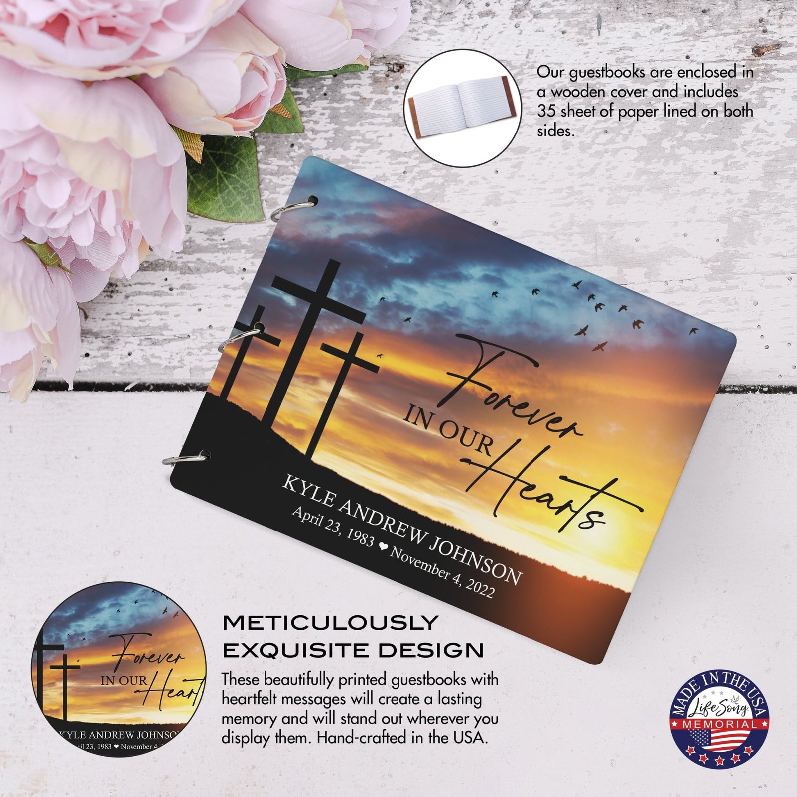 Personalized Celebration Of Life Funeral Guest Books For Memorial Services Registry With Wooden Cover - Forever In Our Hearts - LifeSong Milestones