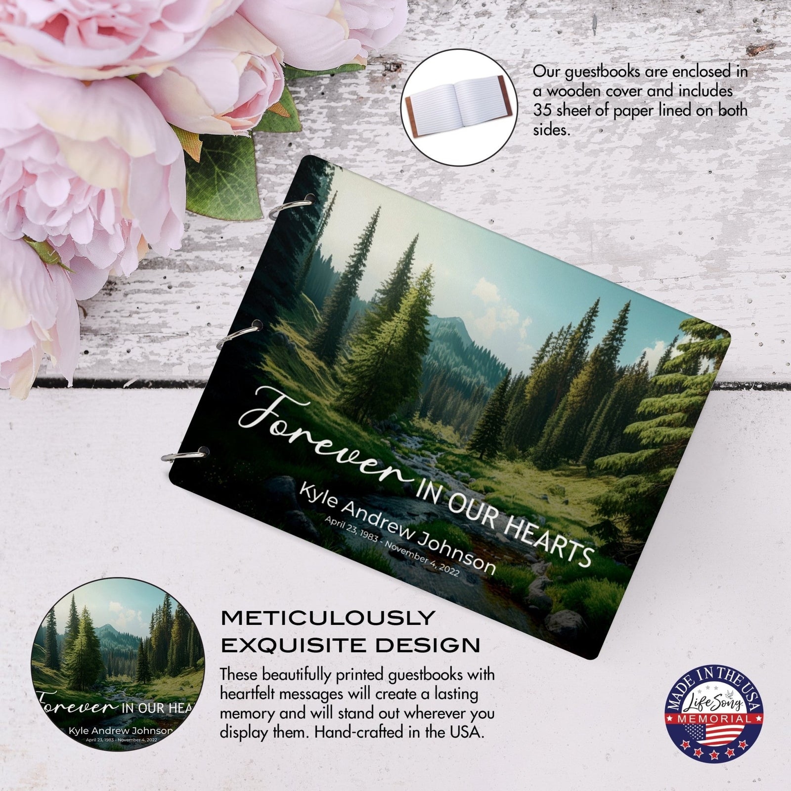 Personalized Celebration Of Life Funeral Guest Books For Memorial Services Registry With Wooden Cover - Forever In Our Hearts - LifeSong Milestones