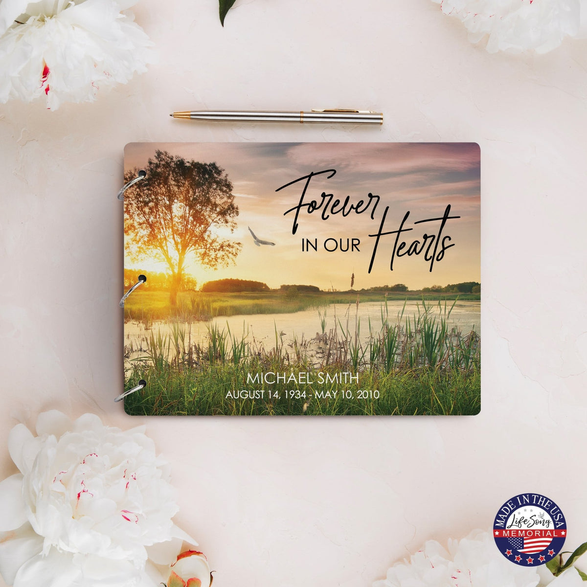 Personalized Celebration Of Life Funeral Guest Books For Memorial Services Registry With Wooden Cover - Forever In Our Hearts - LifeSong Milestones