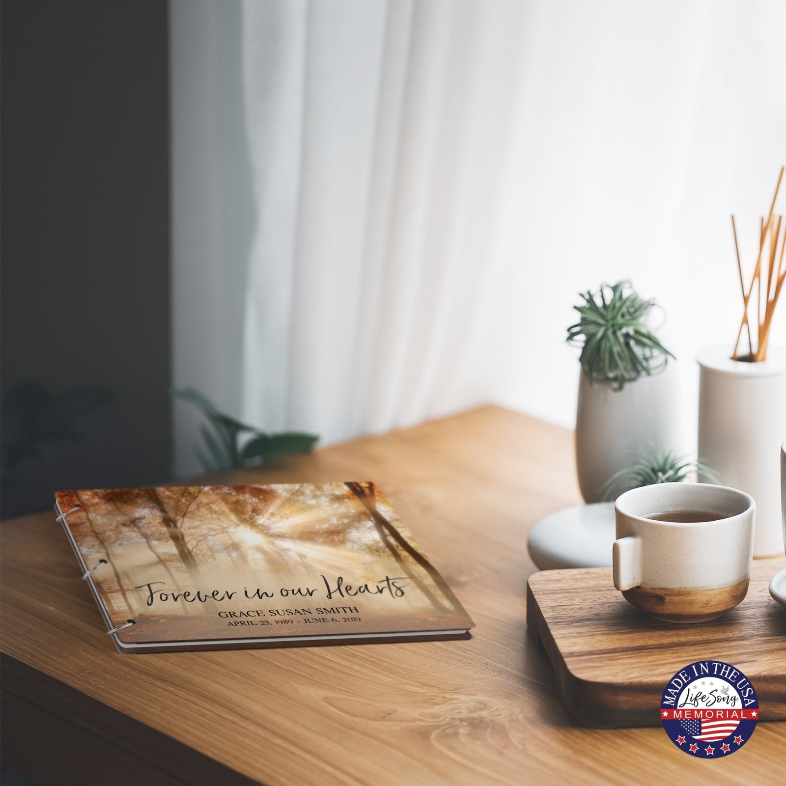 Personalized Celebration Of Life Funeral Guest Books For Memorial Services Registry With Wooden Cover - Forever In Our Hearts - LifeSong Milestones