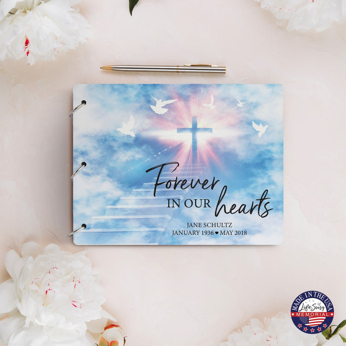 Personalized Celebration Of Life Funeral Guest Books For Memorial Services Registry With Wooden Cover - Forever In Our Hearts - LifeSong Milestones
