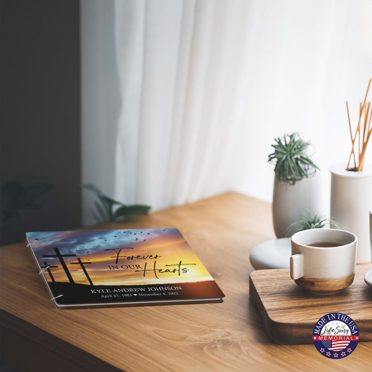 Personalized Celebration Of Life Funeral Guest Books For Memorial Services Registry With Wooden Cover - Forever In Our Hearts - LifeSong Milestones