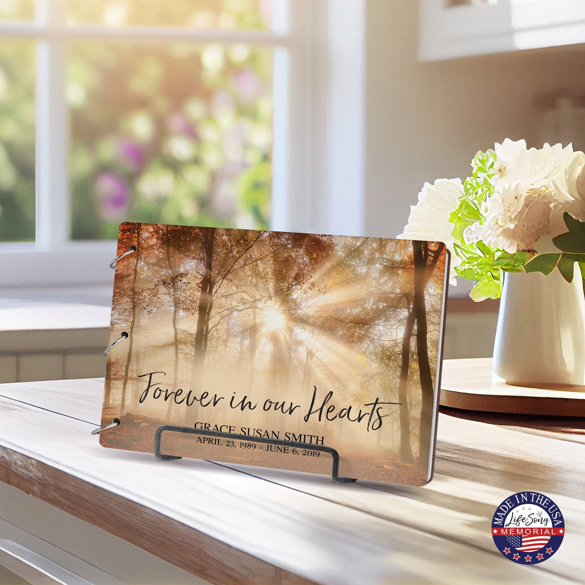 Personalized Celebration Of Life Funeral Guest Books For Memorial Services Registry With Wooden Cover - Forever In Our Hearts - LifeSong Milestones