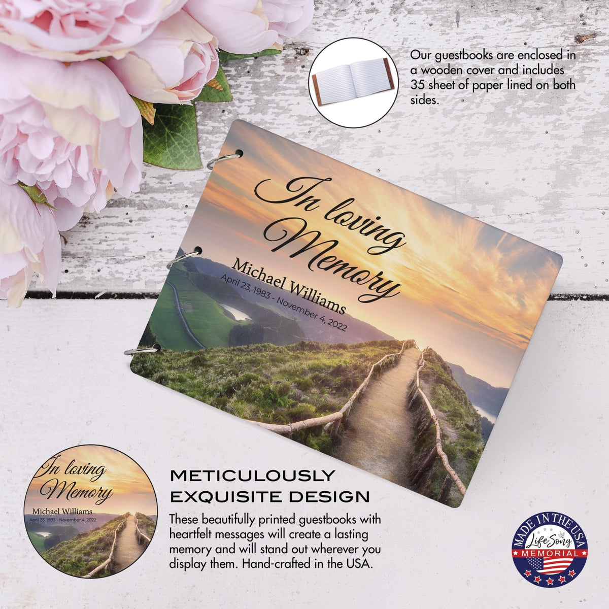 Personalized Celebration Of Life Funeral Guest Books For Memorial Services Registry With Wooden Cover - In Loving Memory - LifeSong Milestones