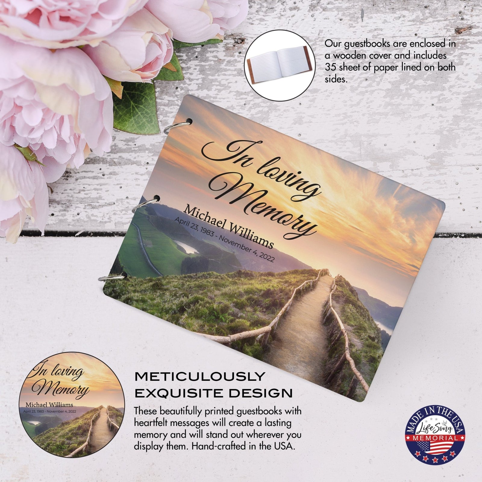 Personalized Celebration Of Life Funeral Guest Books For Memorial Services Registry With Wooden Cover - In Loving Memory - LifeSong Milestones