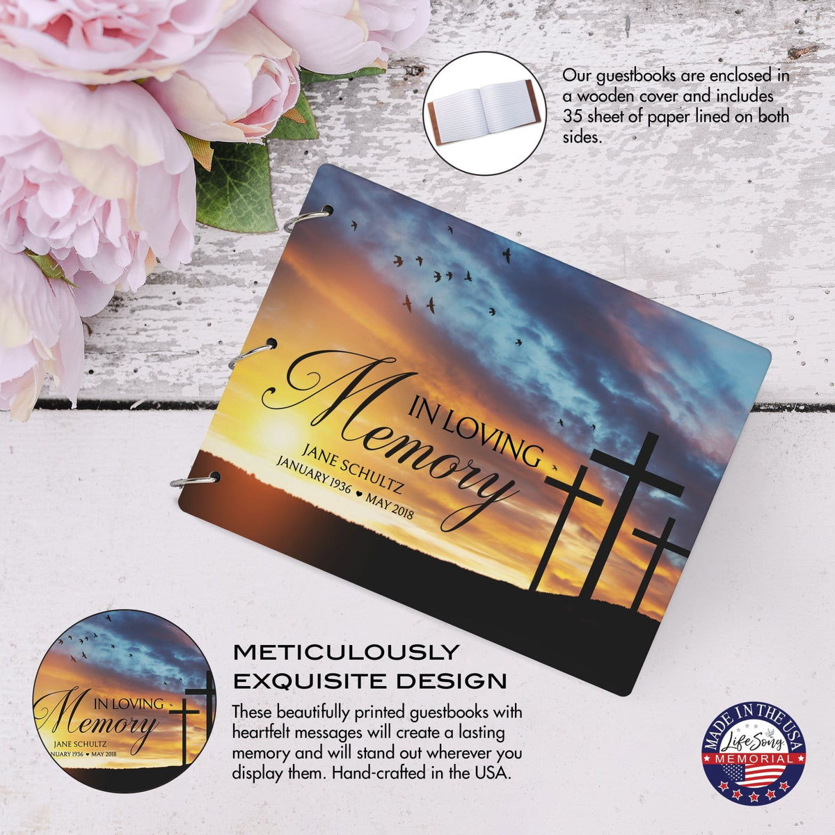 Personalized Celebration Of Life Funeral Guest Books For Memorial Services Registry With Wooden Cover - In Loving Memory - LifeSong Milestones