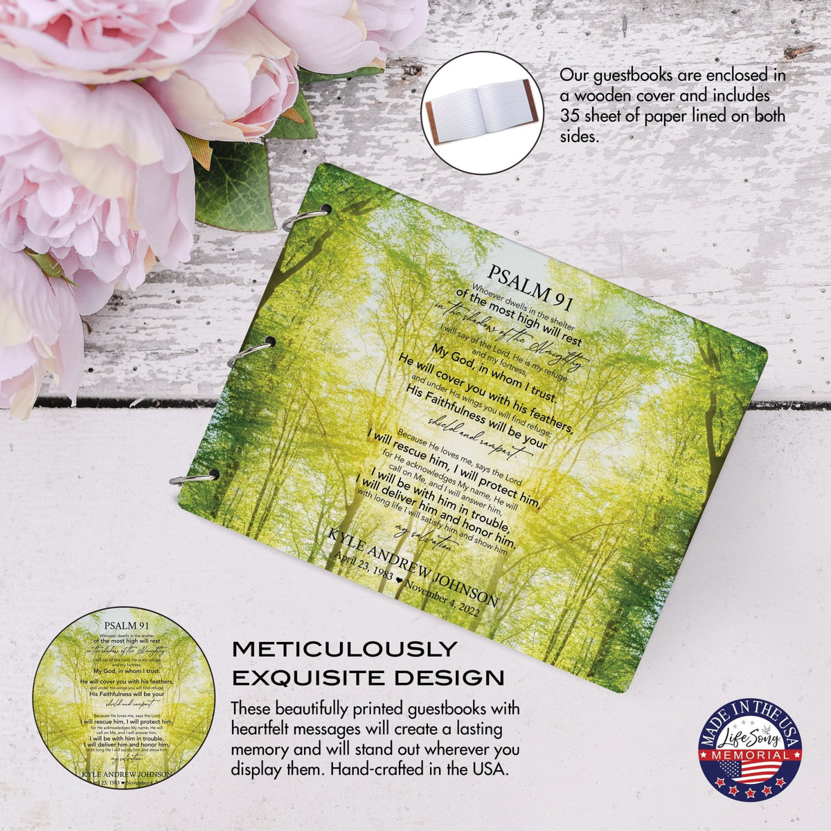 Personalized Celebration Of Life Funeral Guest Books For Memorial Services Registry With Wooden Cover - Psalm 91 - LifeSong Milestones