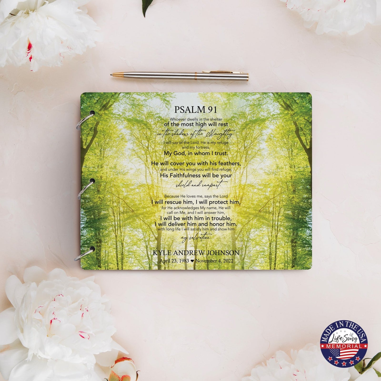 Personalized Celebration Of Life Funeral Guest Books For Memorial Services Registry With Wooden Cover - Psalm 91 - LifeSong Milestones