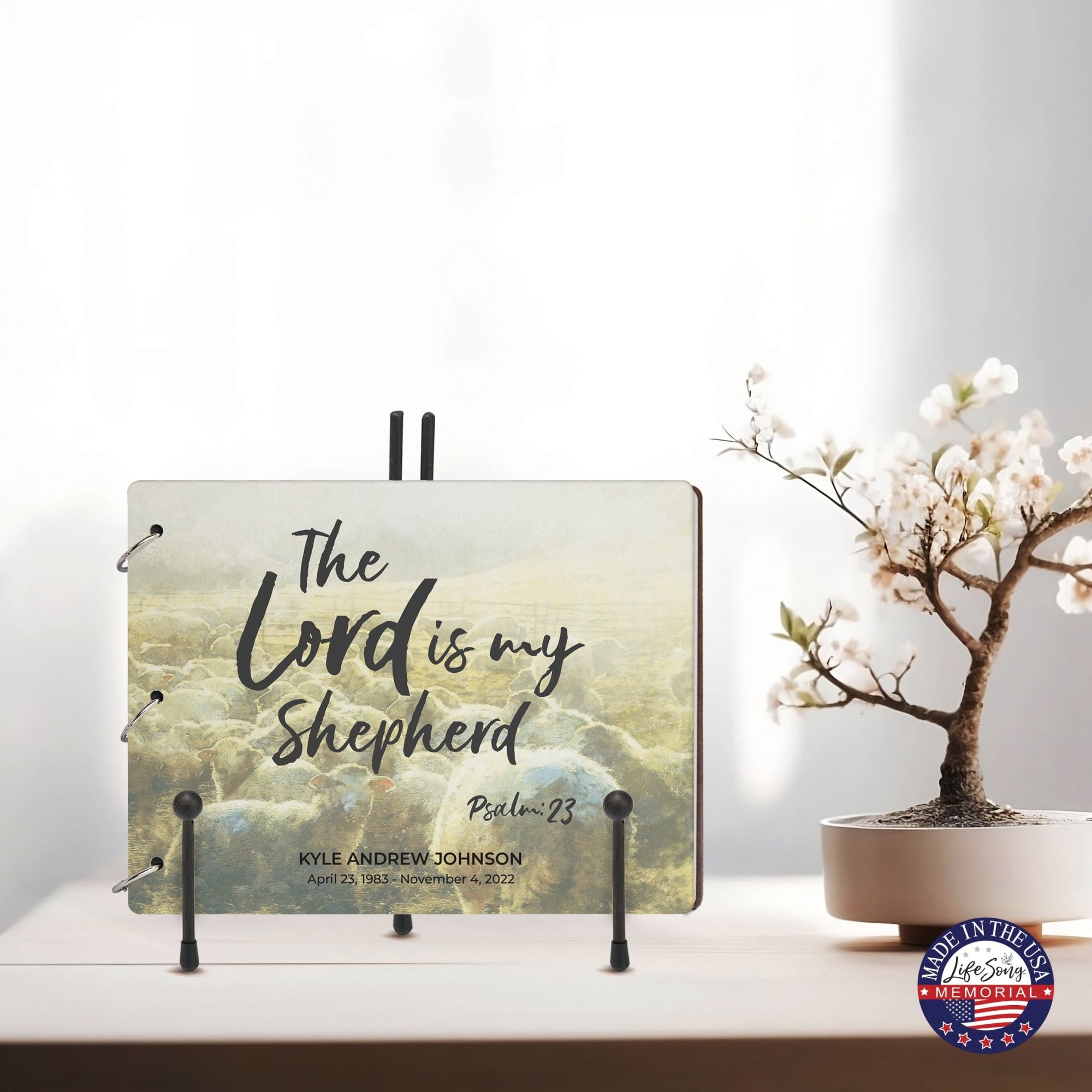 Personalized Celebration Of Life Funeral Guest Books For Memorial Services Registry With Wooden Cover - The Lord Is My Shepherd - LifeSong Milestones