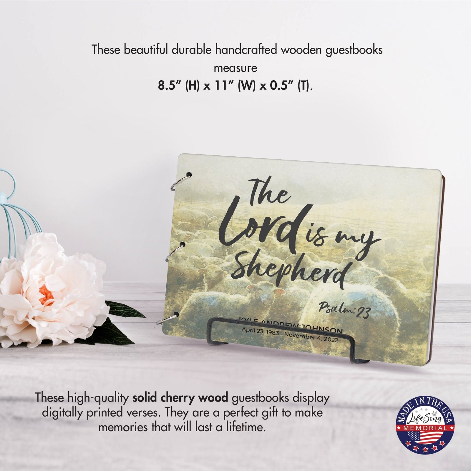 Personalized Celebration Of Life Funeral Guest Books For Memorial Services Registry With Wooden Cover - The Lord Is My Shepherd - LifeSong Milestones