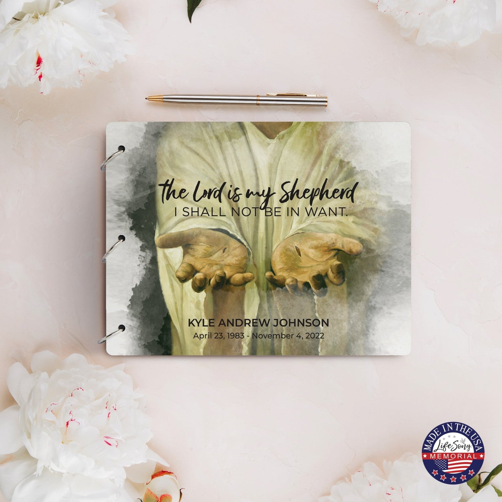 Personalized Celebration Of Life Funeral Guest Books For Memorial Services Registry With Wooden Cover - The Lord Is My Shepherd - LifeSong Milestones