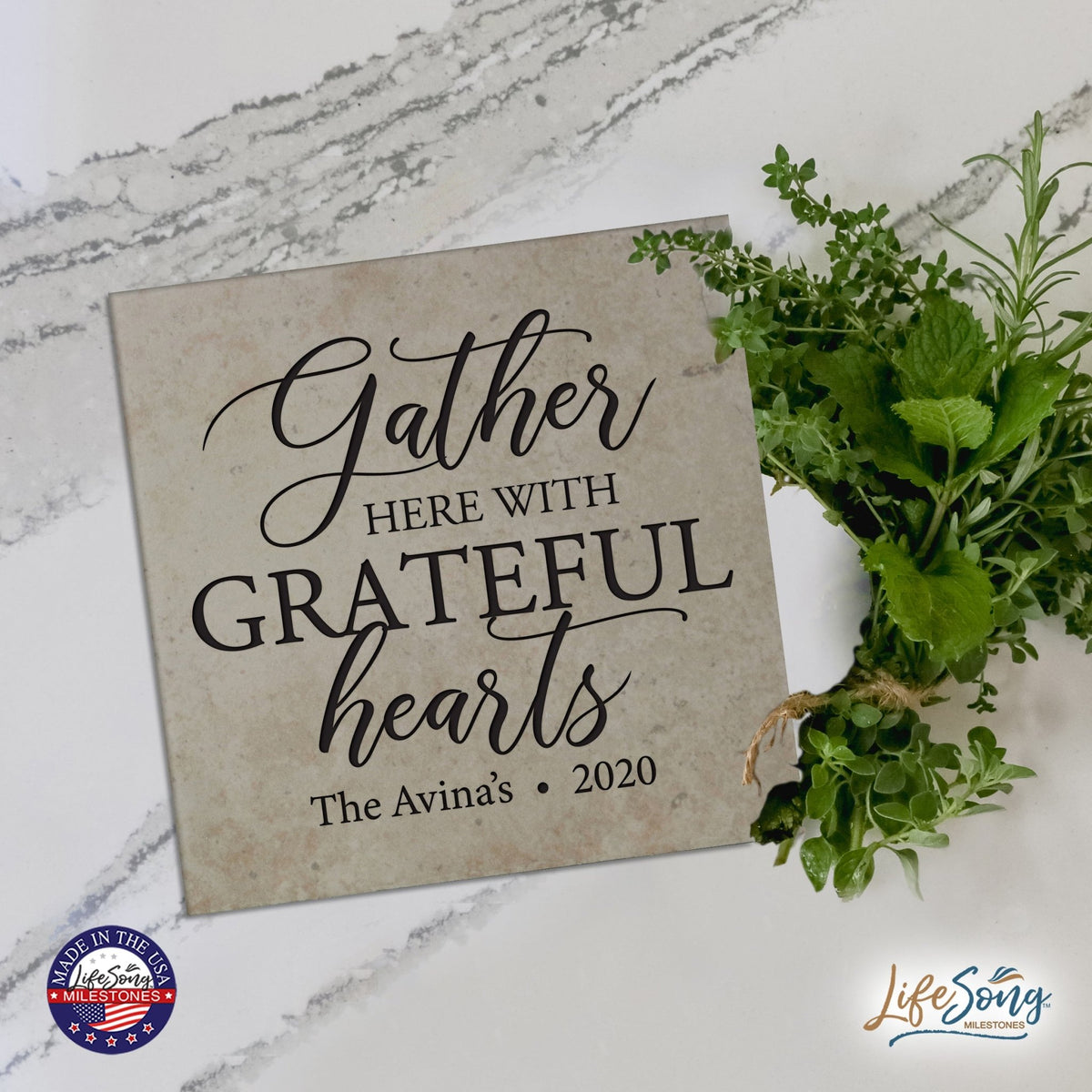 Personalized Ceramic Trivet with Inspirational verse 5.75in (Gather Here With) - LifeSong Milestones