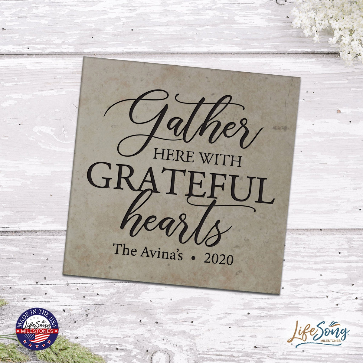 Personalized Ceramic Trivet with Inspirational verse 5.75in (Gather Here With) - LifeSong Milestones