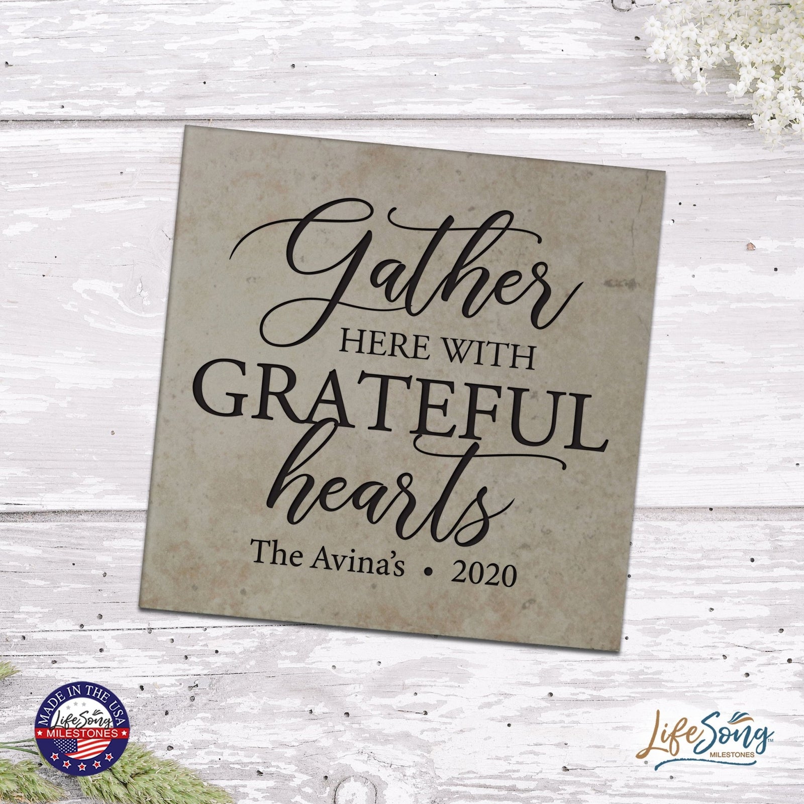 Personalized Ceramic Trivet with Inspirational verse 5.75in (Gather Here With) - LifeSong Milestones