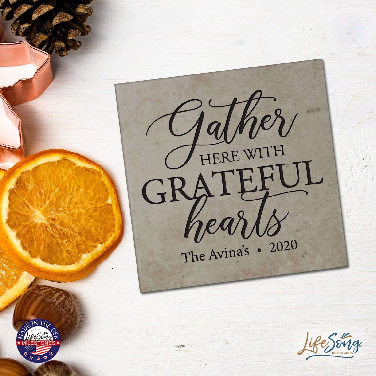 Personalized Ceramic Trivet with Inspirational verse 5.75in (Gather Here With) - LifeSong Milestones