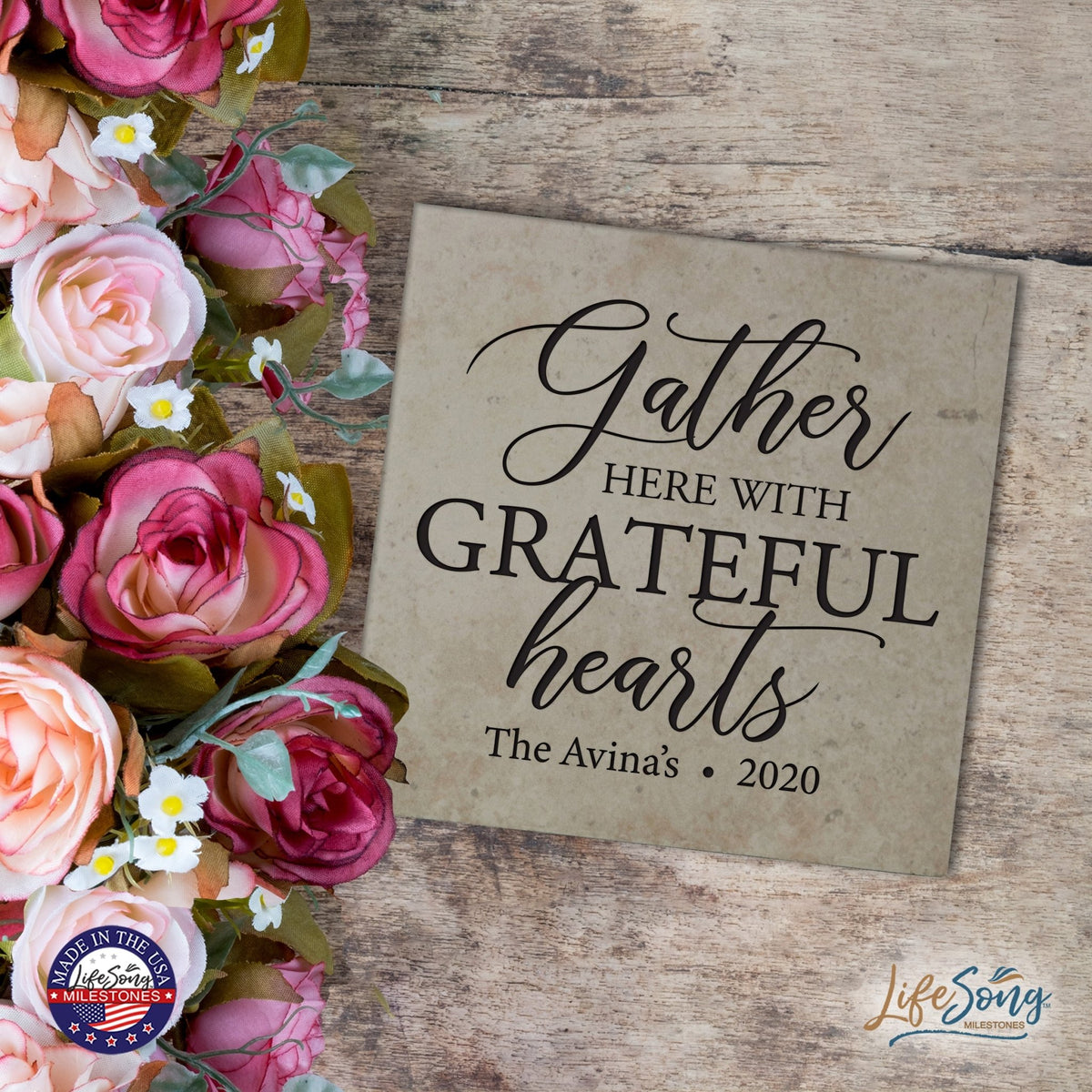 Personalized Ceramic Trivet with Inspirational verse 5.75in (Gather Here With) - LifeSong Milestones