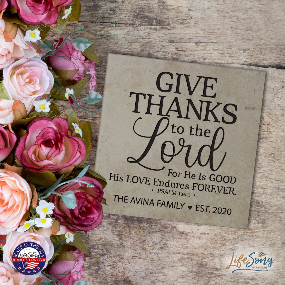 Personalized Ceramic Trivet with Inspirational verse 5.75in (Give Thanks) - LifeSong Milestones
