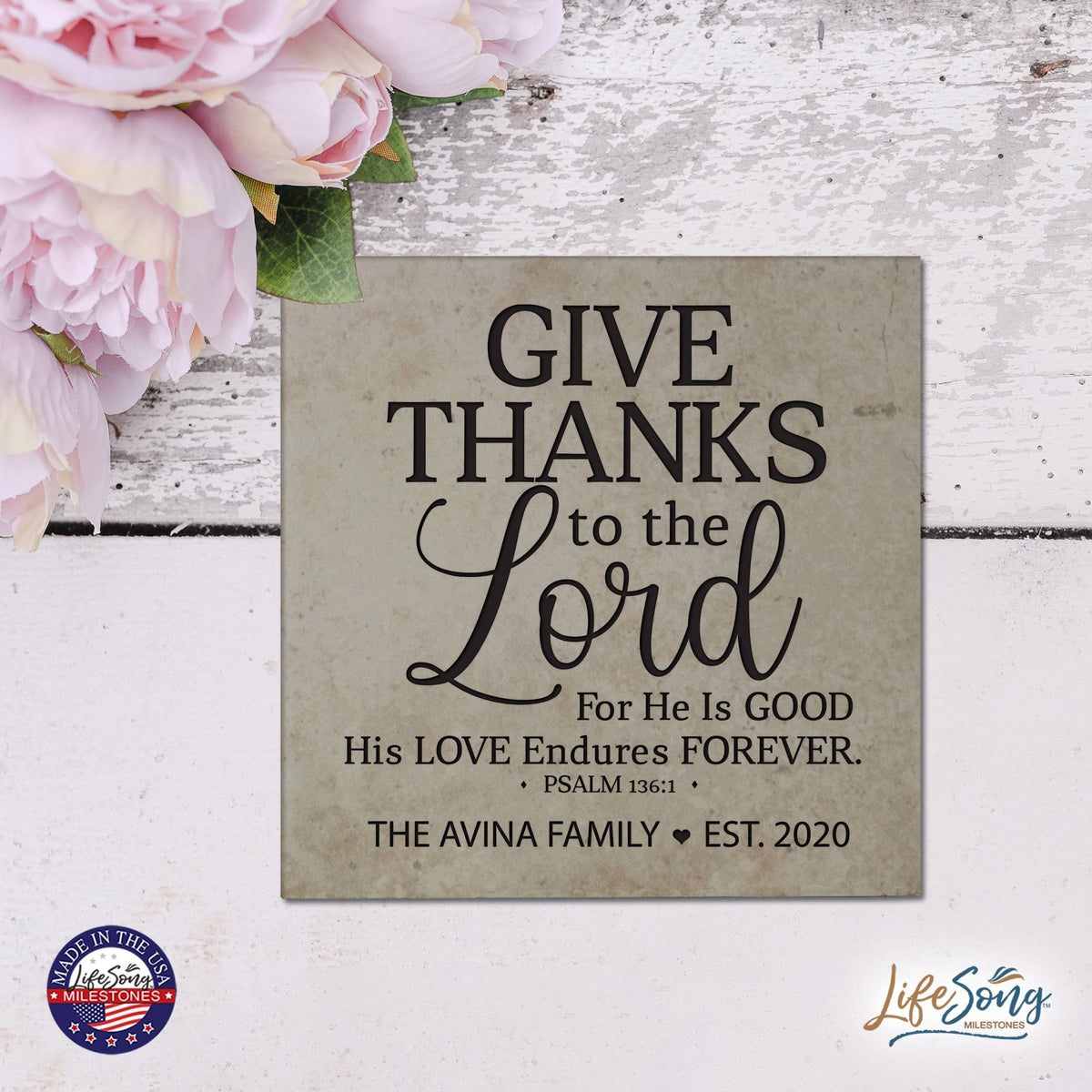 Personalized Ceramic Trivet with Inspirational verse 5.75in (Give Thanks) - LifeSong Milestones