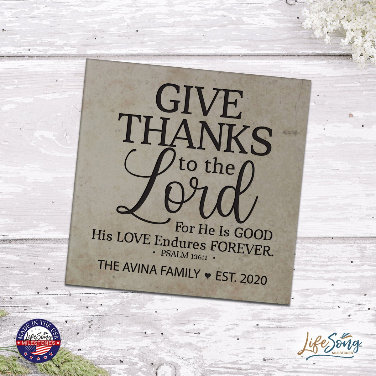 Personalized Ceramic Trivet with Inspirational verse 5.75in (Give Thanks) - LifeSong Milestones