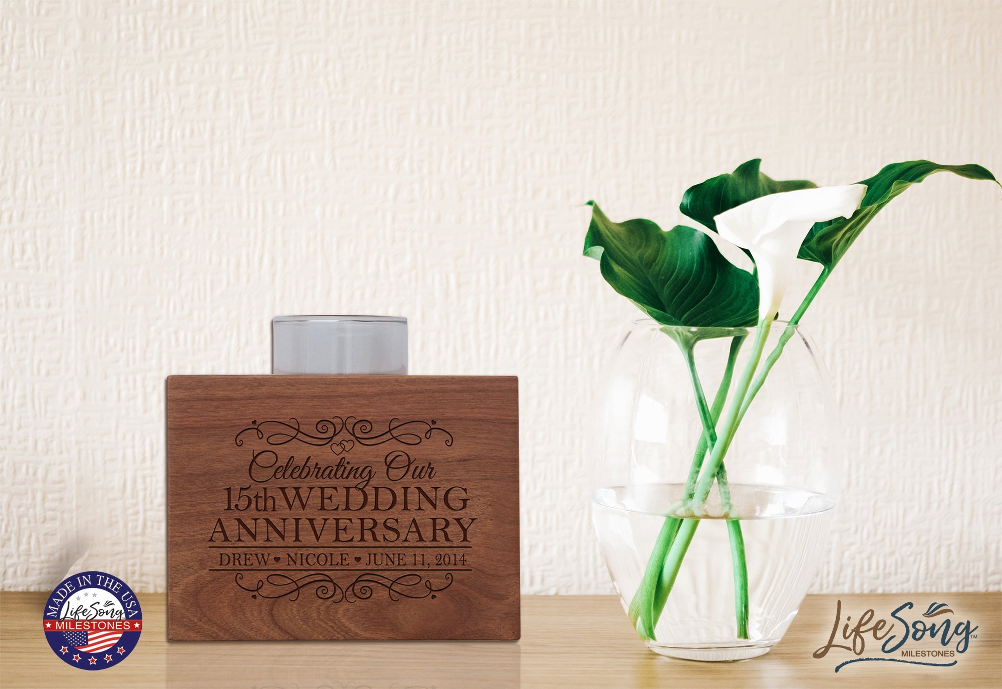 Personalized Cherry Wood Single Votive Candle Holder - 15th Wedding Anniversary - LifeSong Milestones