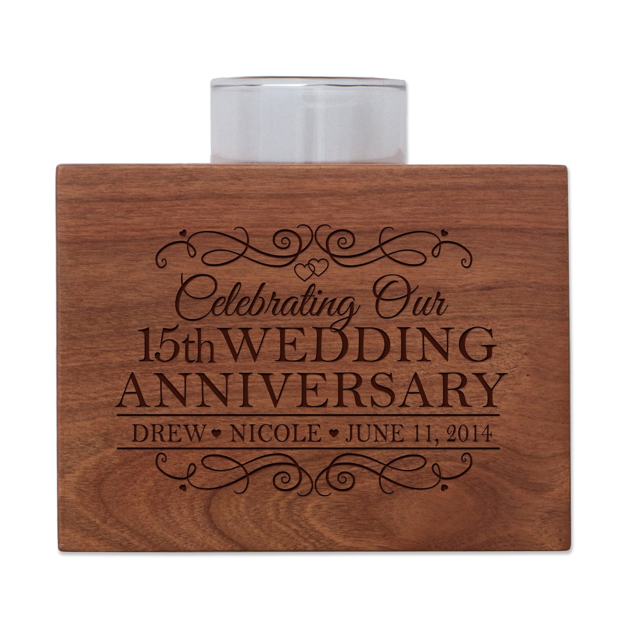 Personalized Cherry Wood Single Votive Candle Holder - 15th Wedding Anniversary - LifeSong Milestones