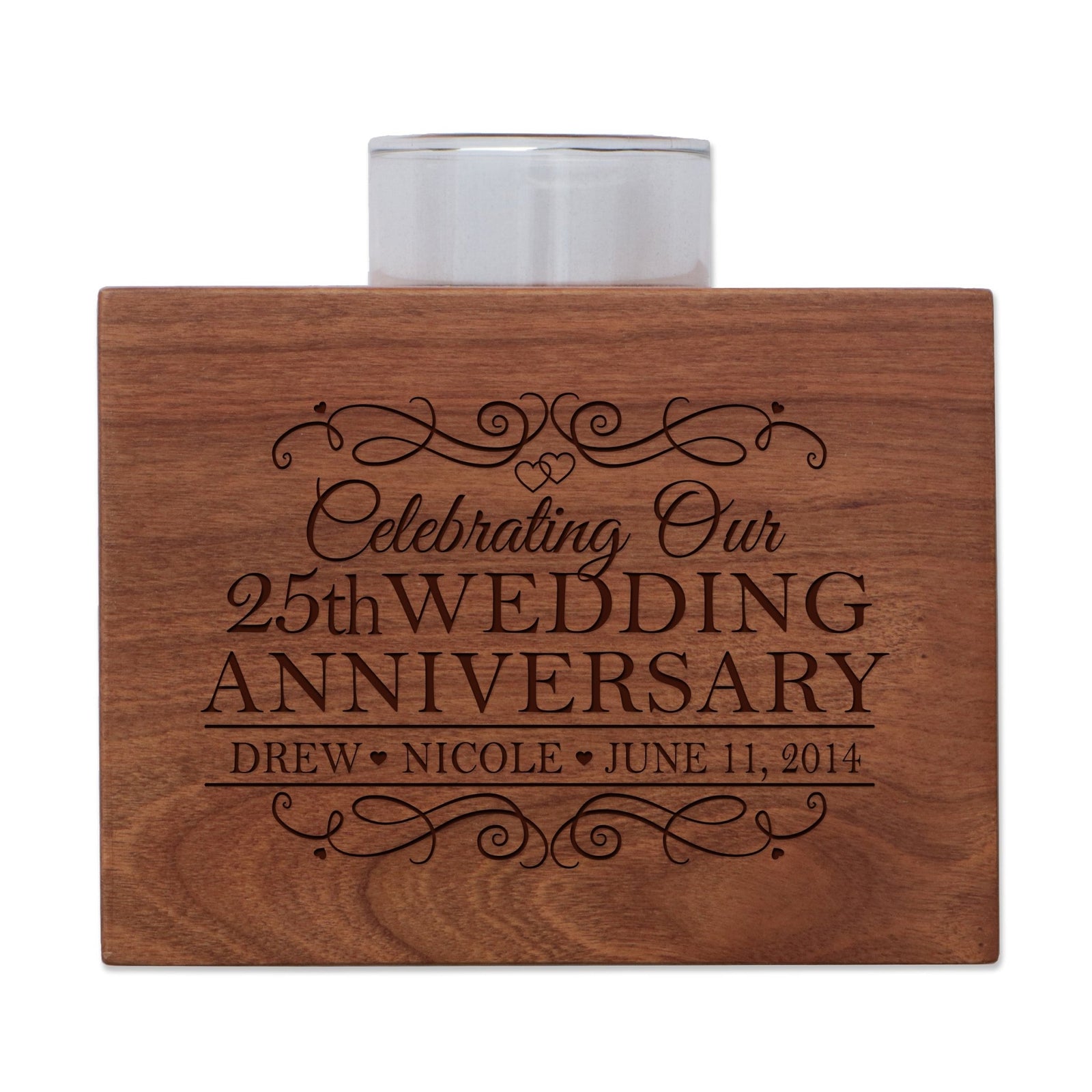 Personalized Cherry Wood Single Votive Candle Holder - 25th Wedding Anniversary - LifeSong Milestones
