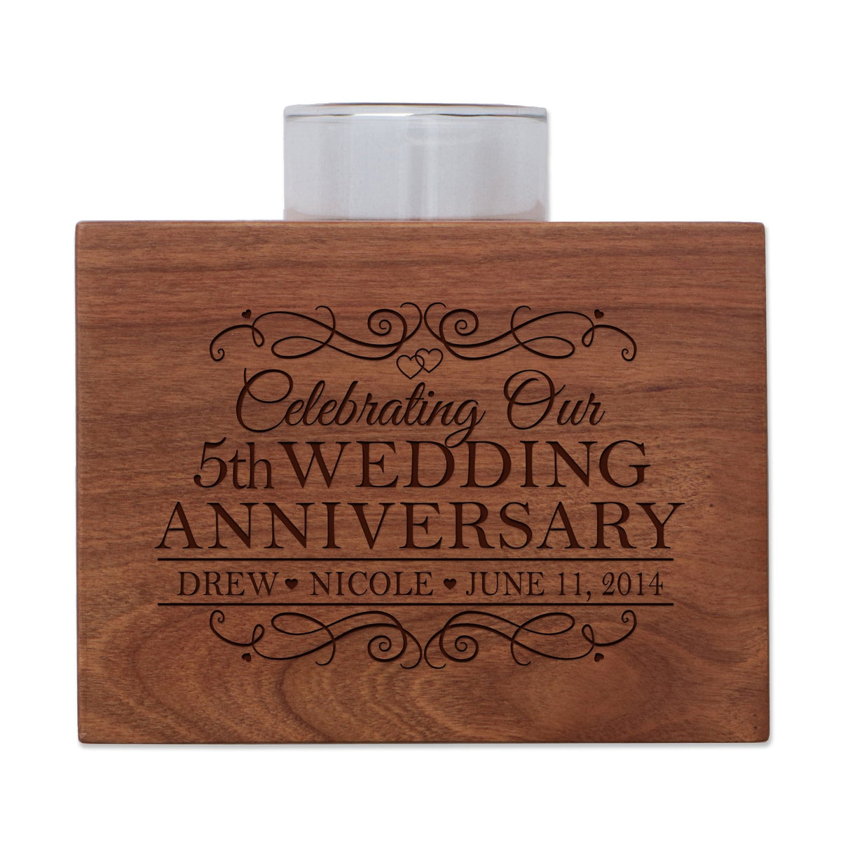 Personalized Cherry Wood Single Votive Candle Holder - 5th Wedding Anniversary - LifeSong Milestones