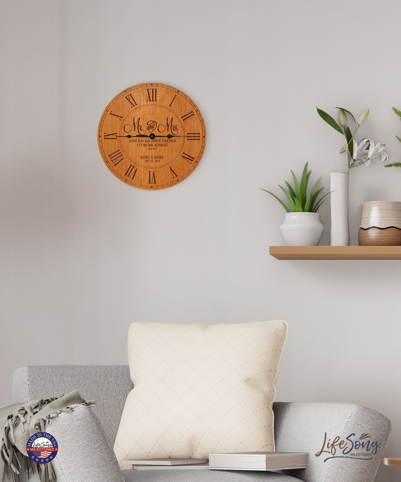 Personalized Cherry Wood Wedding Wall Clock - Mr And Mrs - LifeSong Milestones