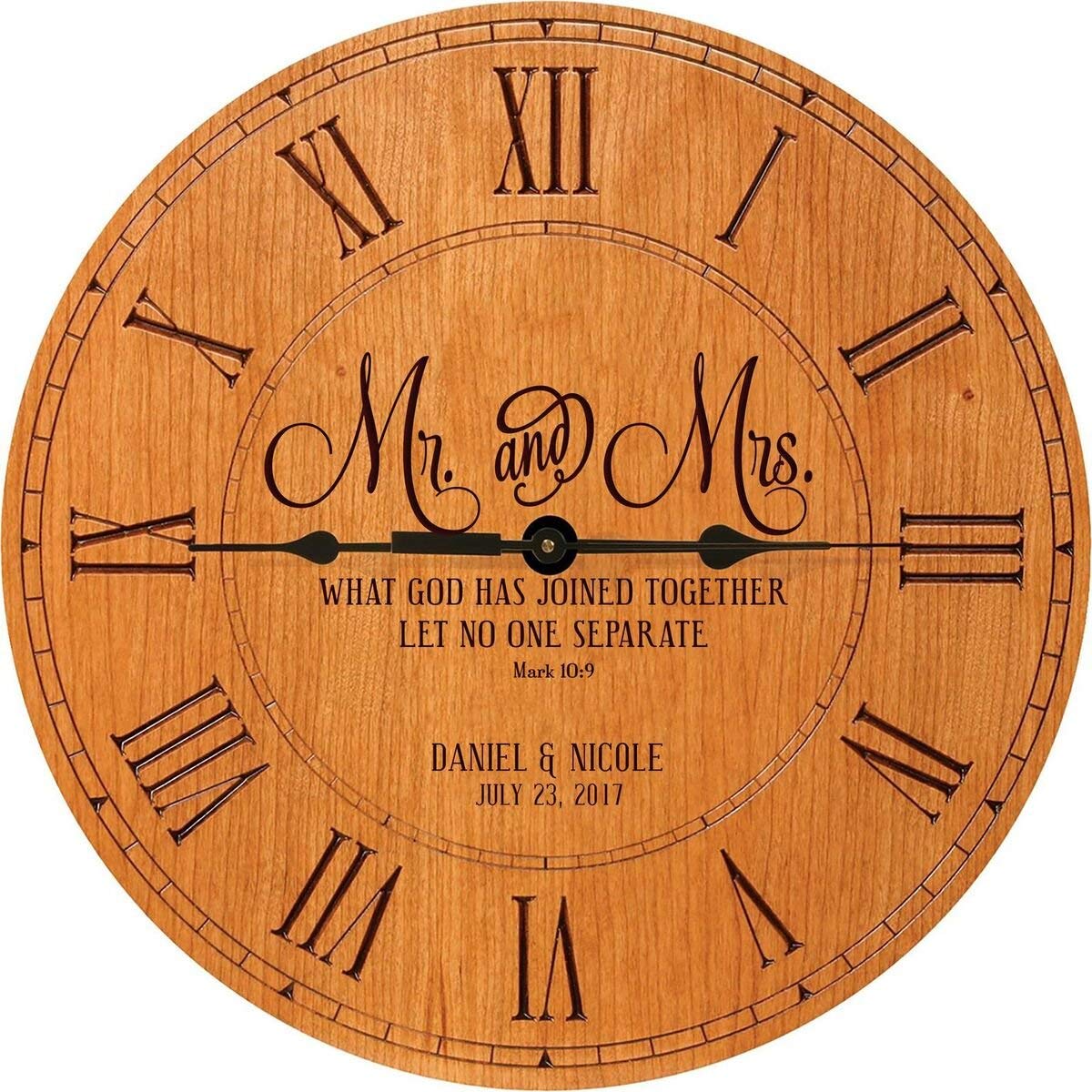 Personalized Cherry Wood Wedding Wall Clock - Mr And Mrs - LifeSong Milestones