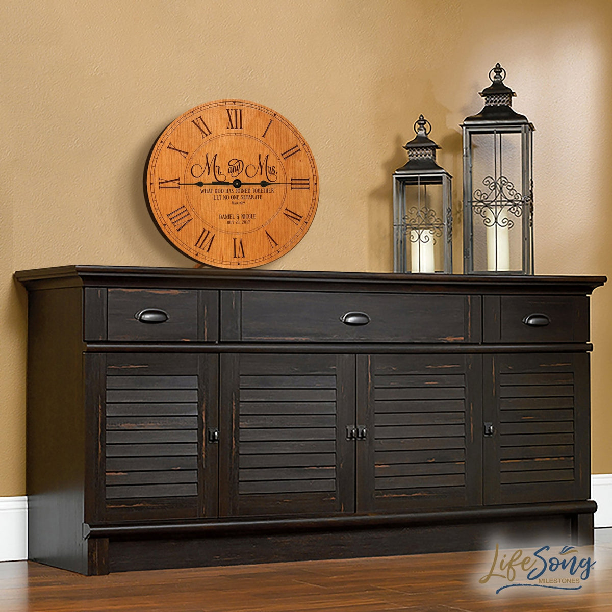 Personalized Cherry Wood Wedding Wall Clock - Mr And Mrs - LifeSong Milestones