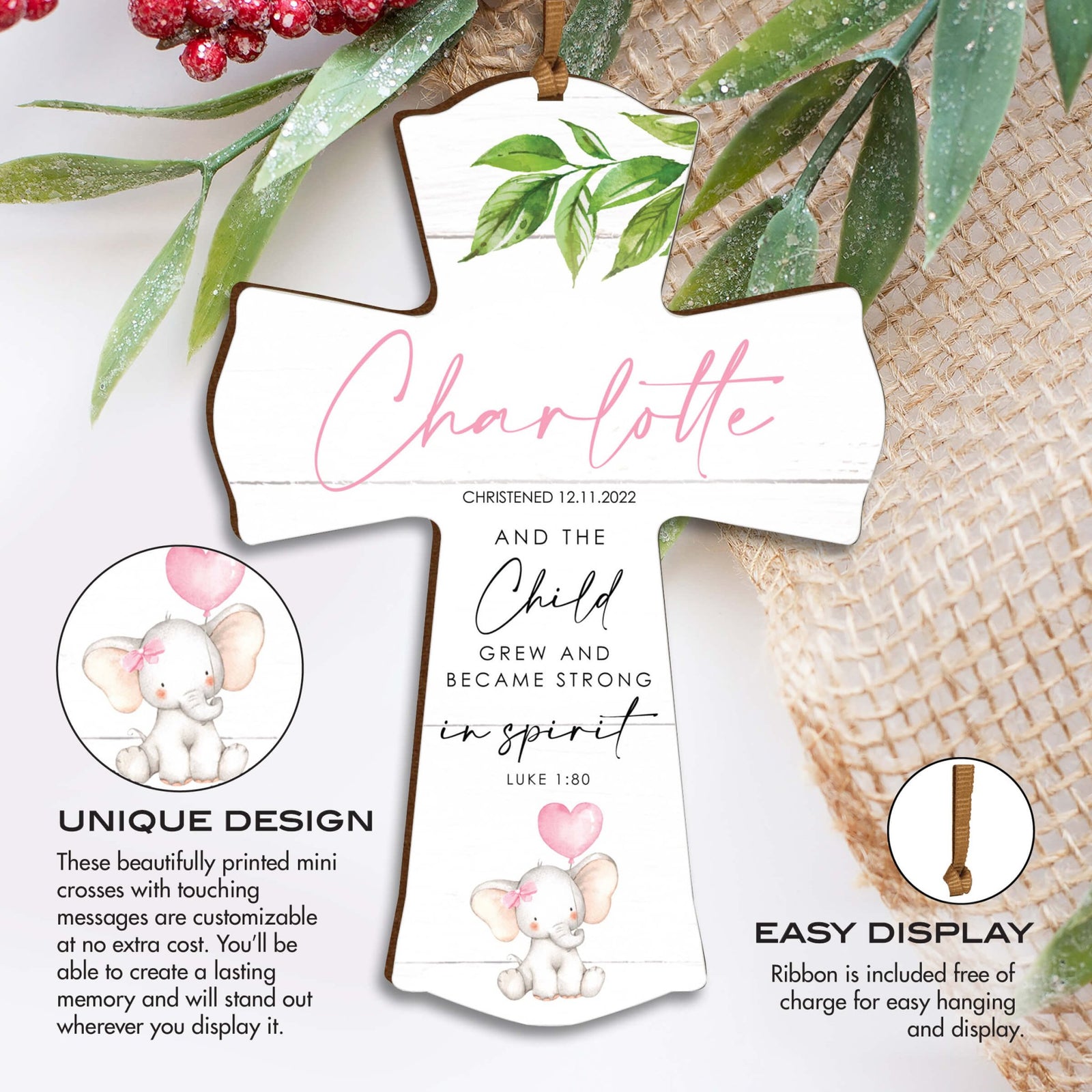 Personalized Christening Wooden Hanging Mini Cross - LifeSong Milestones