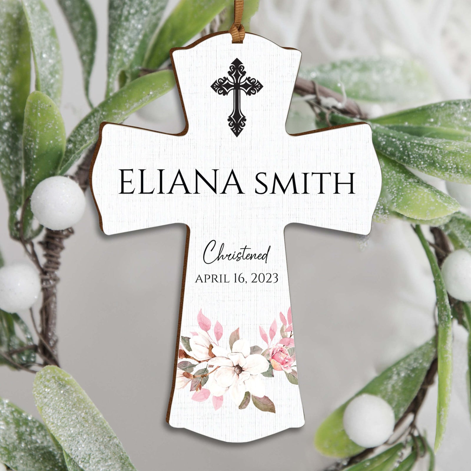 Personalized Christening Wooden Hanging Mini Cross - LifeSong Milestones