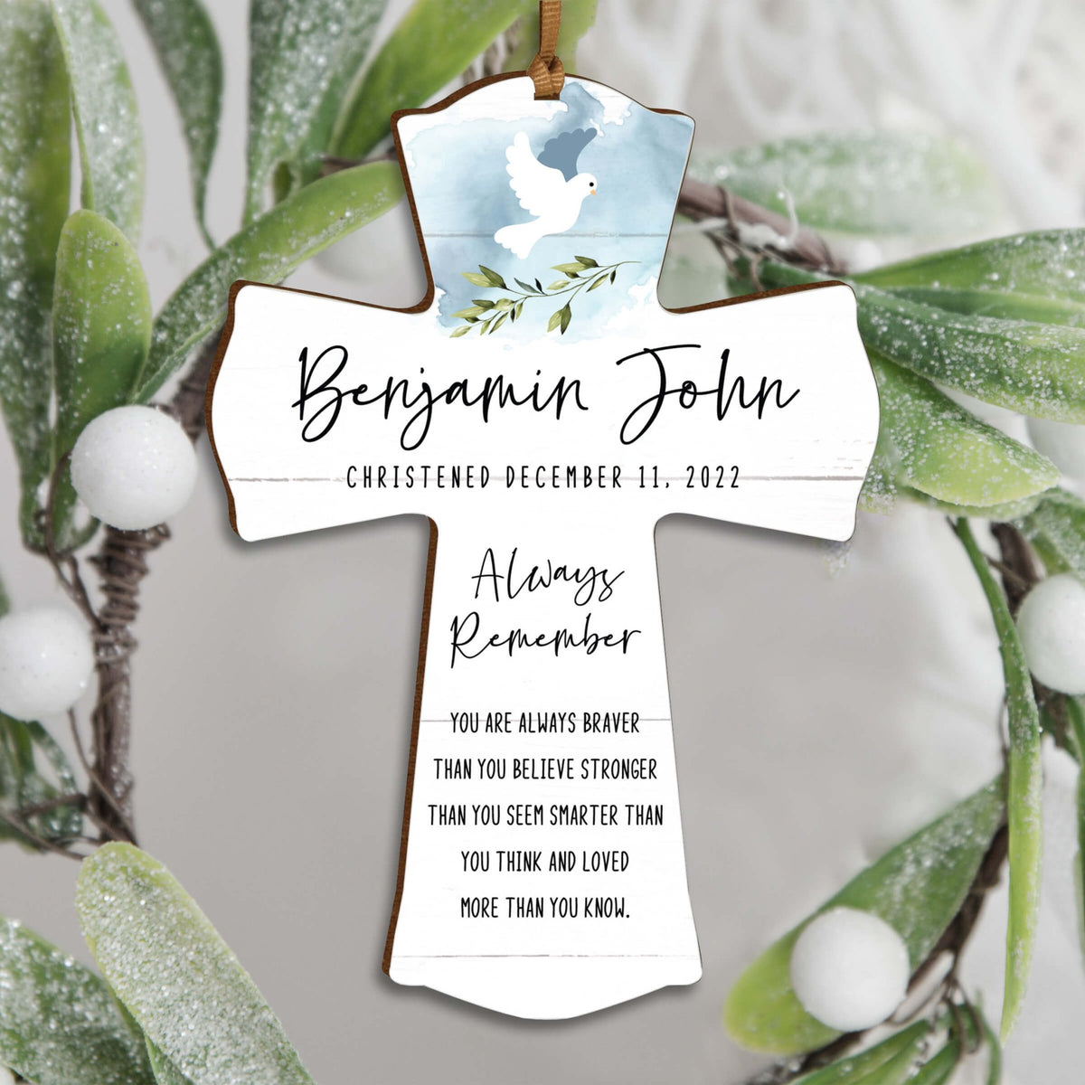 Personalized Christening Wooden Hanging Mini Cross - Always Remember - LifeSong Milestones