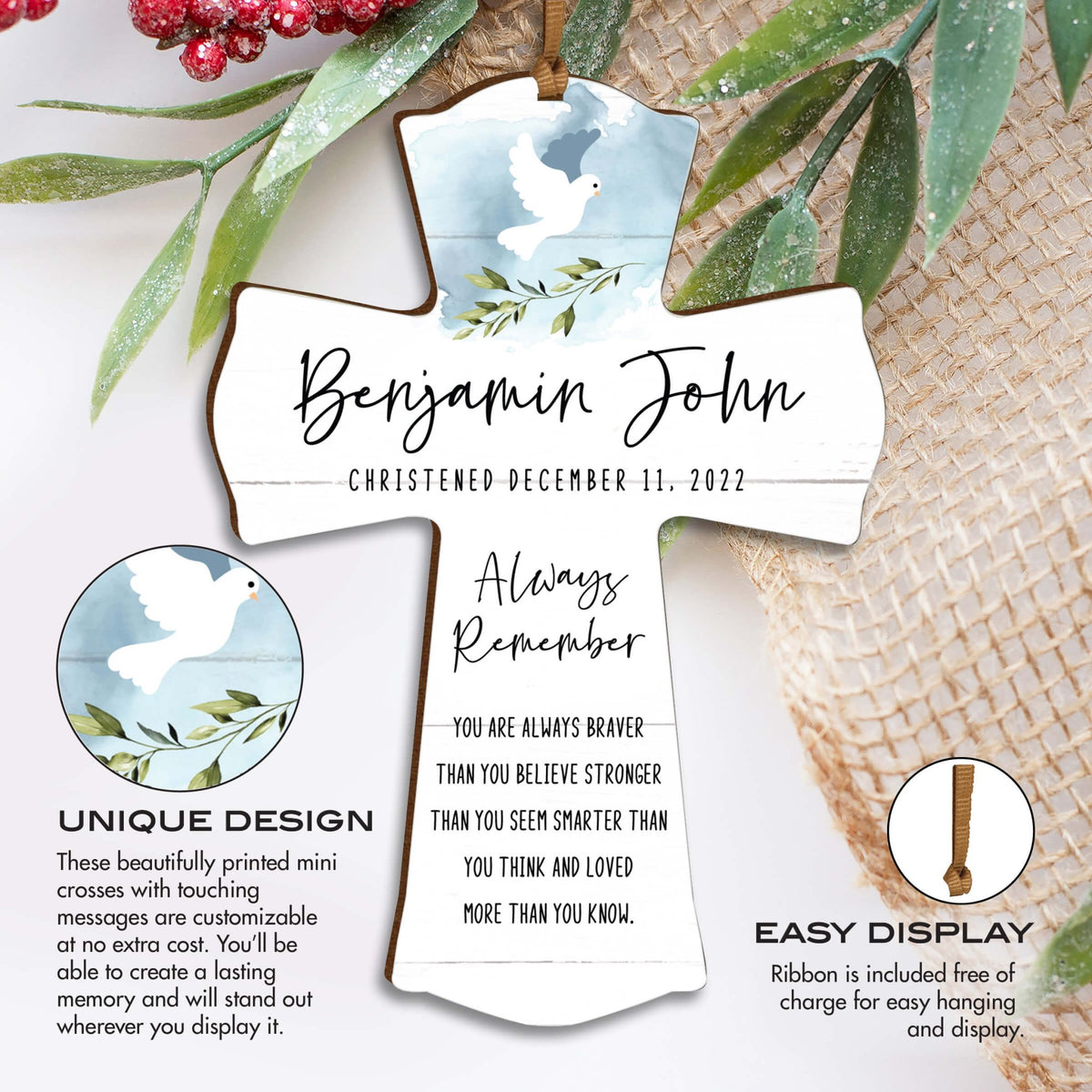 Personalized Christening Wooden Hanging Mini Cross - Always Remember - LifeSong Milestones
