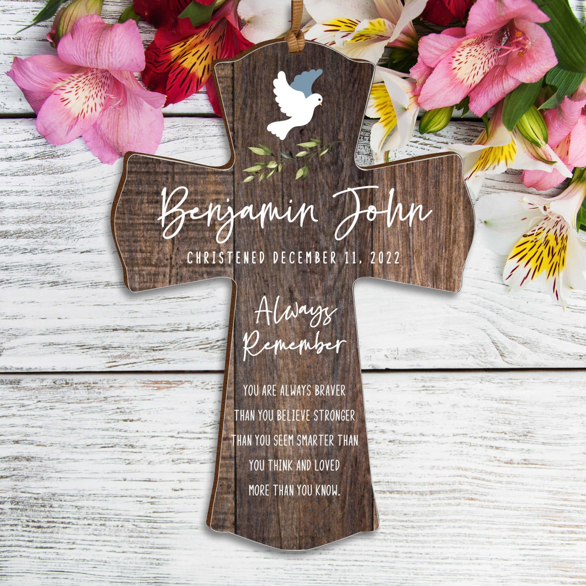 Personalized Christening Wooden Hanging Mini Cross - Always Remember - LifeSong Milestones