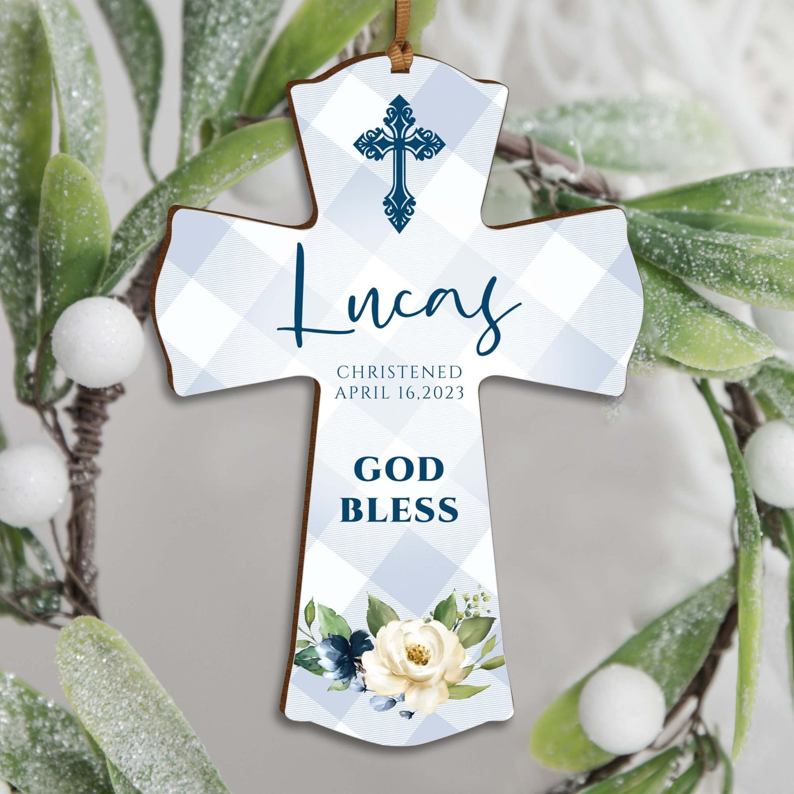 Personalized Christening Wooden Hanging Mini Cross - God Bless - LifeSong Milestones