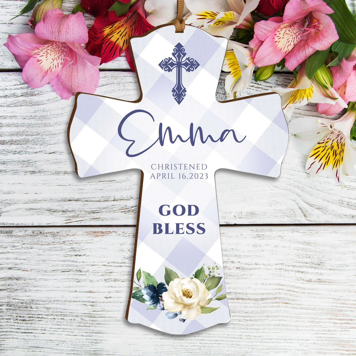 Personalized Christening Wooden Hanging Mini Cross - God Bless - LifeSong Milestones