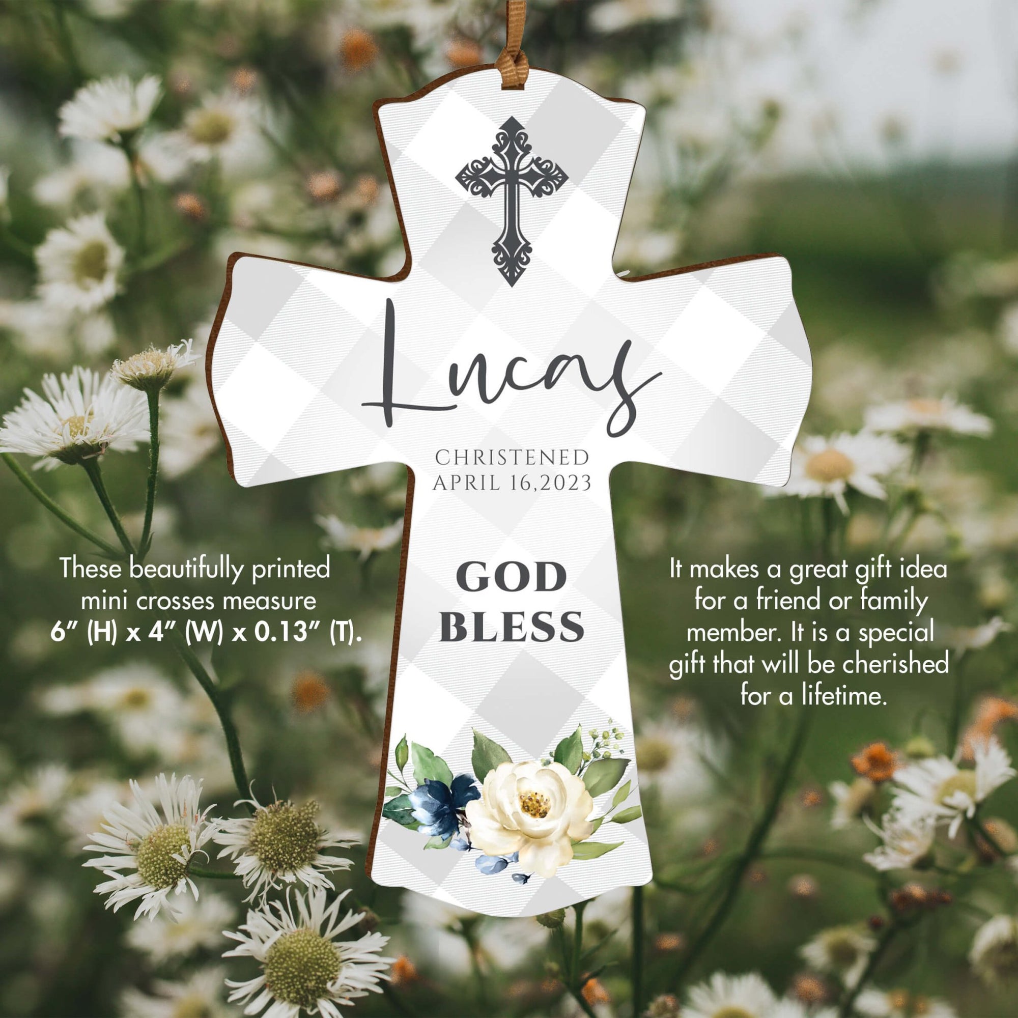 Personalized Christening Wooden Hanging Mini Cross - God Bless - LifeSong Milestones